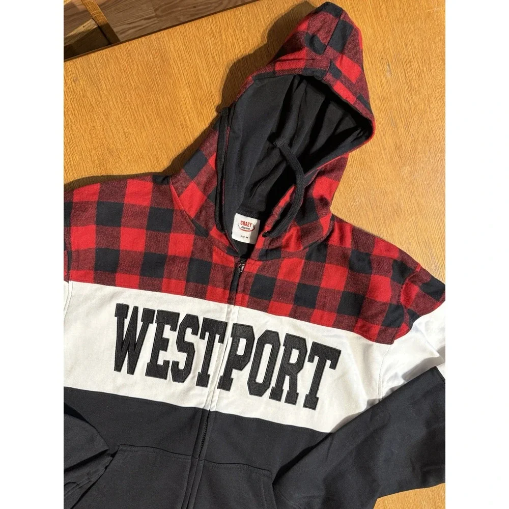 Westport Hoodie Mens M Buffalo Plaid Block Zip‎ Sweatshirt Red Black White